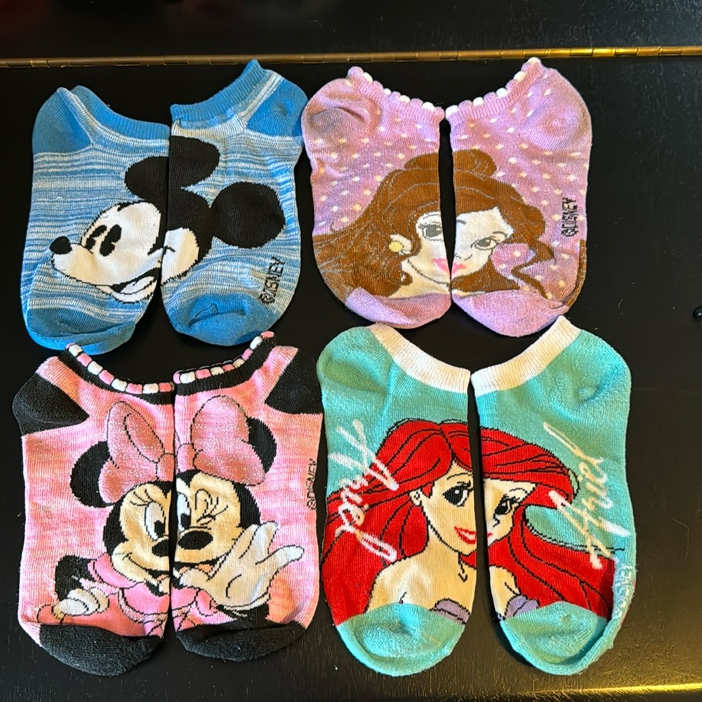 Disney women’s no show socks. Mickey, Minnie, Belle and Ariel. Worn maybe twice